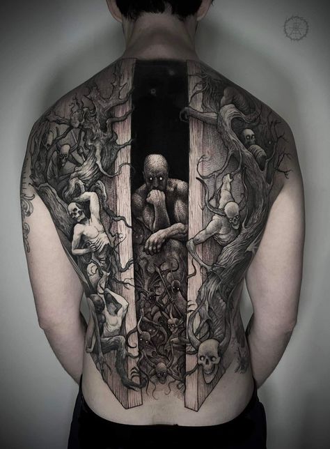 Horro Tattoos Sleeve, Demonology Tattoo, Dark Back Tattoos For Guys, Creepy Back Tattoos, Rotting Tattoo, Dark Tattoo Sleeve Men, Cerberus Back Tattoo, Pretty Tattoos For Men, Demon Forearm Tattoo