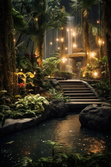 Tropical Kingdom, Jungle Palace, Magical Waterfall, Whimsical Room, Location Inspiration, Fantasy Images, Summer Getaway, Fantasy Places, Fantasy Paintings