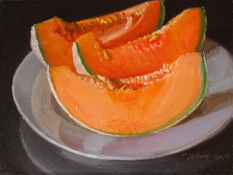 Cantaloupe Canteloupe, Pastels Art, Pan Pastels, Vegetable Illustration, China Plates, Fruit Art, Pastel Art, Still Life Painting, Art Class