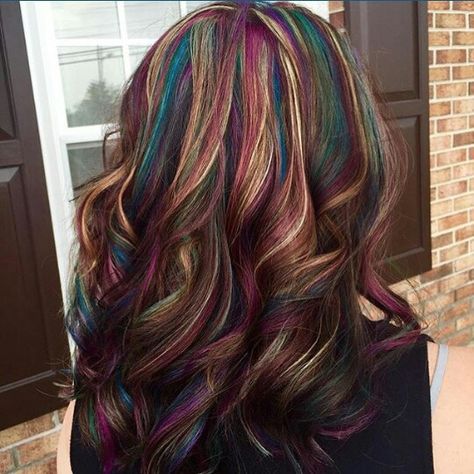 Highlights Brown Rainbow Hair, Highlights In Brown Hair, Rainbow Highlights, Brown Rainbow, Highlight Hair, Hair Colour Design, Color Highlights, Punk Hair, Cut Her Hair