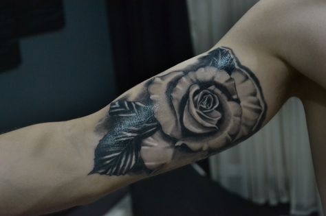 My rose tattoo, inner bicep Rose Inner Bicep Tattoo, Rose Tattoo Bicep, Tattoos Designs Men, Tattoo Inner Bicep, Tattoo Bicep, Money Rose Tattoo, Realistic Rose Tattoo, Inner Bicep Tattoo, Rose Tattoos For Men