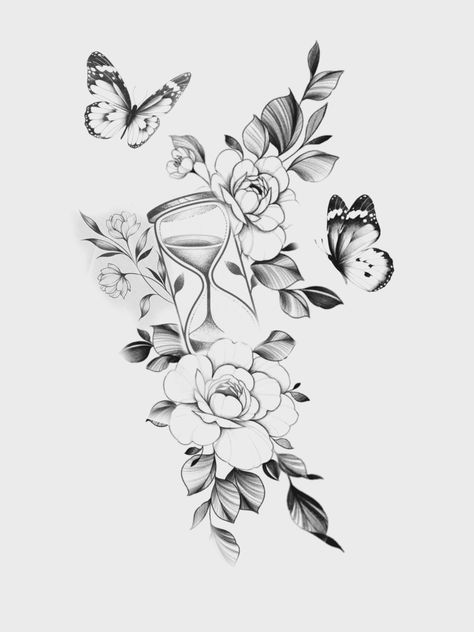 Rosalie Tattoo, Tato Jam, Jam Pasir, Freedom Drawing, Butterfly With Flowers Tattoo, Rose Drawing Tattoo, Hip Thigh Tattoos, Hourglass Tattoo, Hand Tattoos For Girls