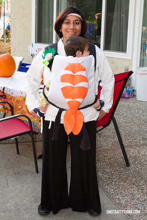 A Sushi Chef and an ebi roll  #babywearing #carrier #baby #costumes Baby Sushi Costume, Baby Wearing Costumes, Ebi Sushi, Baby Carrier Costume, Sushi Costume, Diy Baby Carrier, Great Costume Ideas, Baby Cosplay, Halloween Costumes To Make