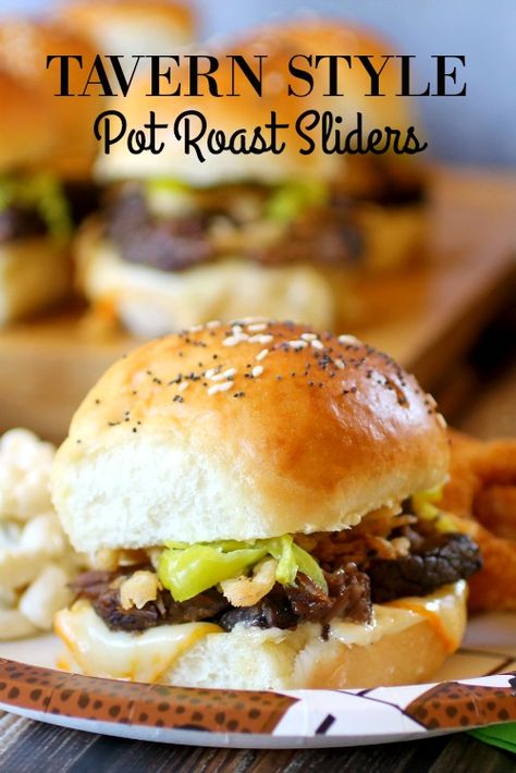 Hungry Harps: Tavern Style Pot Roast Sliders Elevated Pub Food, Chuck Roast Sliders, Tavern Sandwich, Tavern Recipes, Juicy Pot Roast, Roast Sliders, Pot Roast Sliders, Tavern Food, Awesome Sandwiches