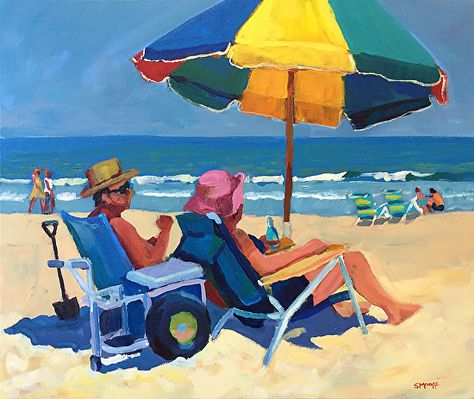 Beach Talk by stephen moore Seaside Paintings, Composition Painting, Red Umbrella, Painting People, Daily Painting, Beach Painting, Painting Process, Beach Scenes, Fine Art Gallery