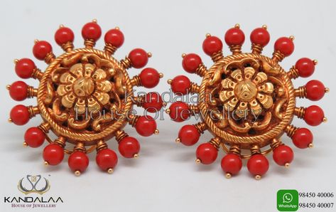 Big and traditional coral studs Coral Stud Earrings, Coral Studs In Gold, Coral Earrings Gold, Coral Collection, Antique Necklace Gold, Coral Jewelry Set, Trending Earrings, Womens Silver Jewelry, Black Beads Mangalsutra Design