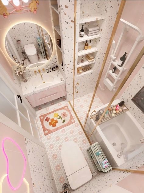 Cute Washroom Ideas, Girly Apartment Decor Bathroom, Cute Girly Bathroom, Aesthetic Work Desk, Bathroom Inspo Interior Design, Vibey Apartment, Color Trends 2024, Baddie Apartment, Cabinet Trends