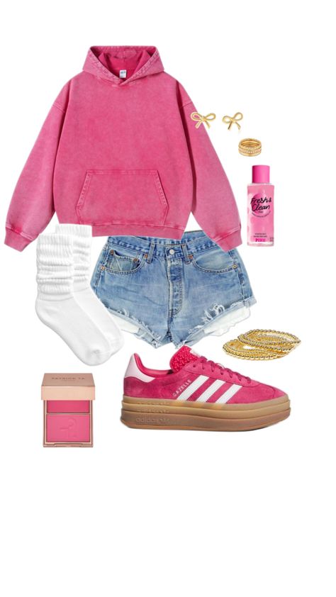 Pink sweatshirt / jean shorts / pink adidas gazelles Outfits With Gazelles, How To Style Adidas Gazelle, Gazelles Adidas Outfit, Pink Adidas Outfit, Adidas Gazelle Outfit, Comfy Outfit Ideas, Adidas Outfits, Adidas Gazelles, Adidas Outfit Women