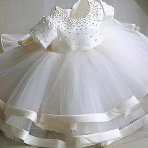 Ivory Tulle Skirt, Girls White Dress, Beaded Tulle, Girl Christening, Off White Dresses, Christening Dress, Timeless Dress, Gowns For Girls