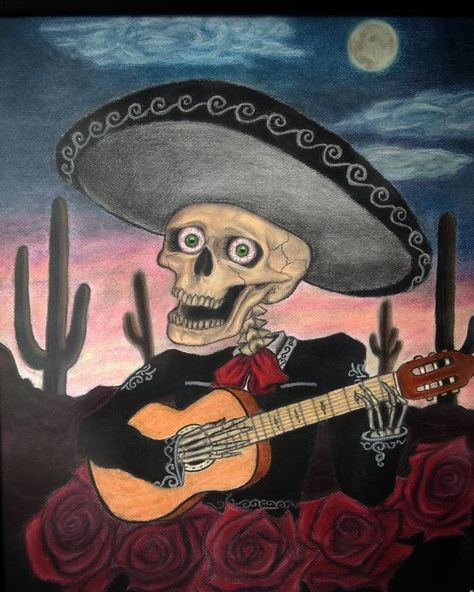 Un mariachi calavera en el ocaso de un desierto mexicano, tocando música regional con su guitarra clásica. All Art, Art