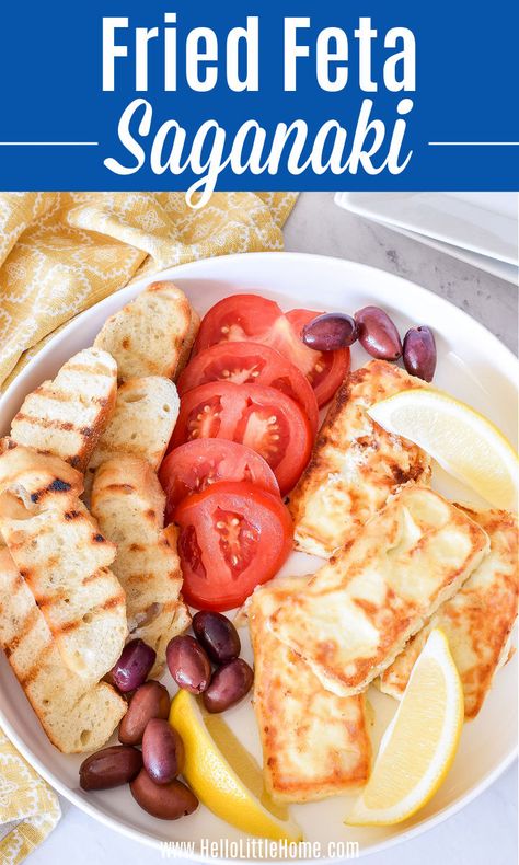 Make this creamy, delicious Feta Saganaki in minutes! Learn how to make Fried Feta (aka Greek Saganaki) ... an easy Cheese Appetizer recipe that uses basic ingredients and only takes 5 minutes to cook. This quick Cheese Saganaki features Feta Cheese lightly coated in flour, pan fried until perfectly golden brown, and served with fresh lemon. This scrumptious Greek Fried Cheese is full of flavor, can be thrown together fast, and make a tasty vegetarian snack or light meal. | Hello Little Home Saganaki Cheese Recipe, Cheese Saganaki, Fried Feta Cheese, Feta Saganaki, Greek Fried Cheese, Greek Appetizer, Fried Feta, Cheese Appetizers Easy, Vegetarian Snack