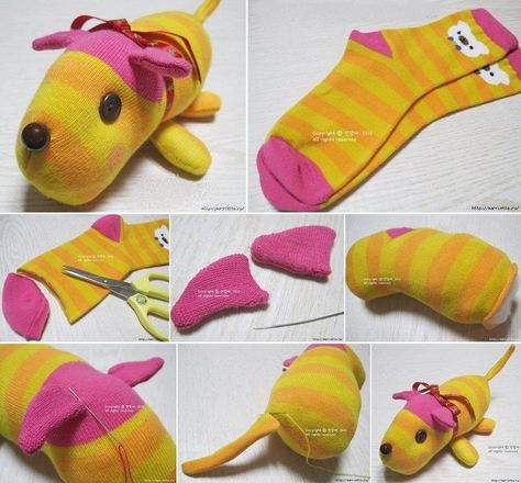 DIY - couture _ chien chaussette                                                                                                                                                     Plus Sock Animals Tutorial, Make A Stuffed Animal, Sock Doll, Sock Dolls, Sock Toys, Diy Socks, Sock Crafts, Sewing Stuffed Animals, Operation Christmas Child