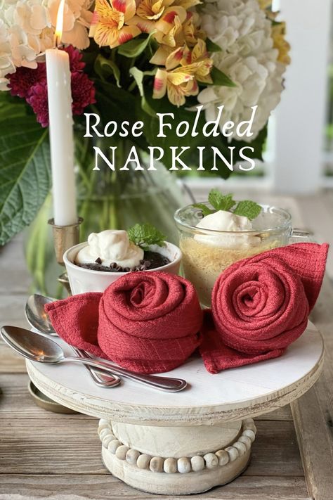 Come learn how to fold cloth napkins into roses. These napkins are a sweet addition to any place setting and they’re perfect for a shower, weddding, garden party or just an ordinary day. Find all the details on the blog. Fold Cloth Napkins, Coastal Napkin Rings, Napkin Rose, Floral Napkin Rings, Fabric Napkins, Floral Napkins, Fabric Napkin, Beautiful Table Settings, Rose Vase