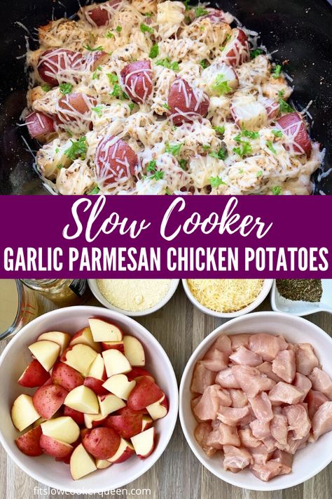 SLOW COOKER/INSTANT POT GARLIC PARMESAN CHICKEN & POTATOES - Garlic Parmesan chicken & potatoes is an easy yet comforting dish that the entire family will enjoy. Make this meal in your slow cooker or Instant Pot. Entire Meal In Crockpot, Crock Pot Chicken Gyros, Costco Crockpot Meals, Pressure Cooker Chicken And Potatoes, Ninja Cooker Recipes, Potato Chicken Crockpot, Chicken Garlic Parmesan Crockpot, Instapot Meals Dinners, Easy Quick Crockpot Meals