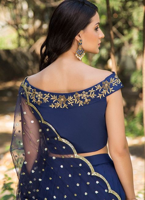 Royal Blue and Gold Embroidered Off Shoulder Lehenga Design For Lehenga, Blouse Design For Lehenga, Embroidery Gift Ideas, Off Shoulder Lehenga, Books Embroidery, Hoops Embroidery, Saree Jacket Designs, Sleeveless Blouse Designs, Saree Blouse Neck Designs