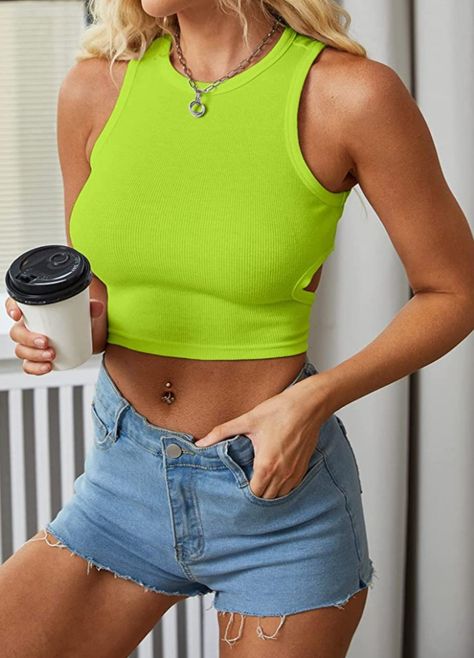 lime green ribbed crop top circles cut out on the side Top Verde, Neon Top, Neon Outfits, Cute Crop Tops, Ribbed Crop Top, Plus Size Tank Tops, Trendy Shirts, Casual Tank Tops, Colourful Outfits