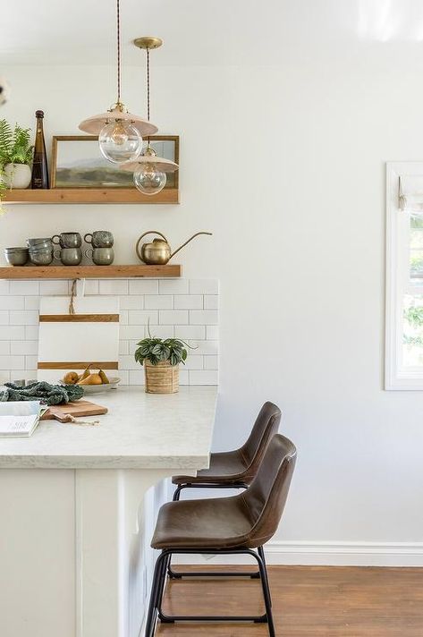 Apartment Size Appliances, Georgian Table, Pure Salt Interiors, Kitchen Floating Shelves, Grey Kitchen Floor, Kitchen Peninsula, Pure Salt, Wooden Floating Shelves, Cozy Couch