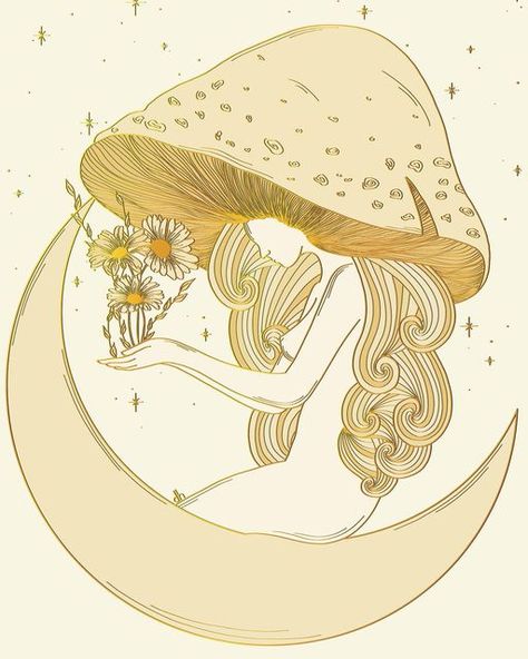 Denisa Halasova on Instagram: "“The day I decided that my life was magical, there was suddenly magic all around me.” Marabeth Quin . . . . . . . #mushroomart #mushroomillustration #bohoart #celestialart #mushrooms #psychedelicart #celestial #crescentmoon #fungiart #mushroomlovers #etsyartist #procreateart #bohodecor #hippieart #womensupportingwomen #womenofillustration" Mushroom Goddess, Mushroom Trip, Rainbow Mushroom, Fungi Art, Celestial Art, Mushroom Art, Hippie Art, Boho Art, Women Supporting Women