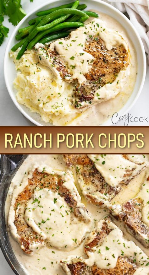 These Ranch Pork Chops have juicy pork chops smothered in a creamy and flavorful ranch sauce. This is an easy dinner idea to serve with mashed potatoes and veggies!