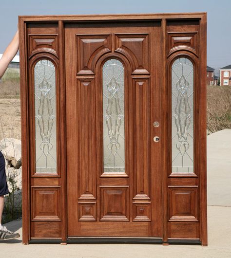 Entry Front Sidelight With Dutch Doors - Bing Images Front Door Design Wood Sagwan, Traditional Wooden Door, Wooden Stained Glass Front Door, Mahogany Door Stained Light, Exterior Glass Door, Indian Teakwood Main Door Designs, Rustic Doors Interior, Mahogany Exterior Doors, Mahogany Door