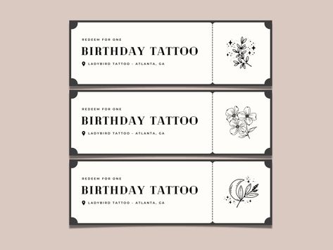 Tattoo Ticket Template, Custom Voucher Gift Certificate, DIY Gift Voucher, Printable Coupons, Surprise Tattoo Birthday Gift Voucher Ticket https://etsy.me/3v1gz3j #beige #birthday #white #tattooticket #getinked #cu Tattoo Voucher Template, Tattoo Voucher Design, Diy Gift Voucher, Tattoo Gift Certificate, Tattoo Voucher, Birthday Gift Voucher, Ladybird Tattoo, Tattoo Ticket, Tattoo Birthday