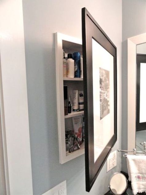 Picture of a hidden built in medicine cabinet with an artwork door is a chic idea Hidden Medicine Cabinet, Wall Mounted Medicine Cabinet, Recessed Cabinet, Recessed Medicine Cabinet, Medicine Cabinets, Recessed Wall, Storage Mirror, Medicine Cabinet Mirror, Bathroom Pictures