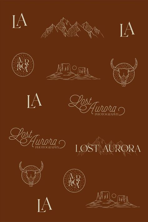 Photographer Branding + Logo Suite Lost Aurora Photography #westernbranding #westernaesthetic #westernlogodesign #visualidentity #earthtones #bulllogo #bullskull #cursivefont #mountainlogo #photographerlogo #photographylogo #visualidentity #logodesign #branding #neutrals #westernbrand Western Photography Logo, Best Photography Logos Graphic Design, Cursive Logo Design, Rustic Branding Design, Western Branding, Aurora Photography, Rustic Branding, Best Photography Logo, Western Logo