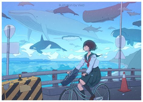 Illustration by Vivid , twitter/@vivid50709 ,   空の魚  sky fish  鯨  whale  女の子  girl Whale Drawing, Brown Eyes Brown Hair, Sea Illustration, Whale Art, Eyes Brown, Perspective Art, Blue Anime, Studio Ghibli Art, Ghibli Art