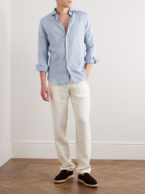 Incotex's casual shirt has been in Italy from light, tactile linen. It'll keep you cool and comfortable on the daily commute. Small to size. See Size & Fit notes. Linen Shirts Outfits Men, Men Outfits Linen, Men Wedding Casual Outfit, Garden Wedding Guest Men, Summer Wedding Mens Attire, Old Money Outfits Men Summer Linen, Men’s Dress Attire For Beach Wedding, Light Blue Shirt Outfit Men Casual, Linen Shirt Outfit Men’s