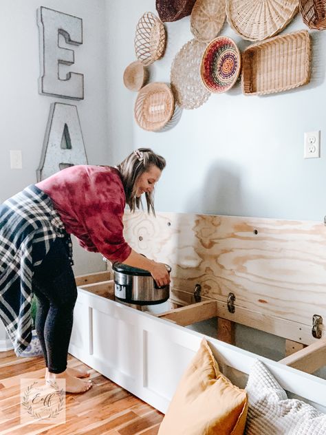 How to Build a Storage Banquette – this Eoff house Build A Banquette With Storage, Diy Kitchen Storage Bench, Banquet Bench With Storage, Built In Bench Table, Diy Breakfast Bench With Storage, Built In Kitchen Bench With Storage, Dining Table Bench Built In, Diy Bench Seat With Storage Dining Room, Dining Room Storage Bench