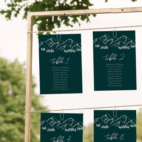 Modern Outdoor Wedding, Outdoor Wedding Tables, Table Seating Chart, Wedding Table Number, Moody Wedding, Seating Chart Wedding, Green Mountain, Wedding Seating, Table Number