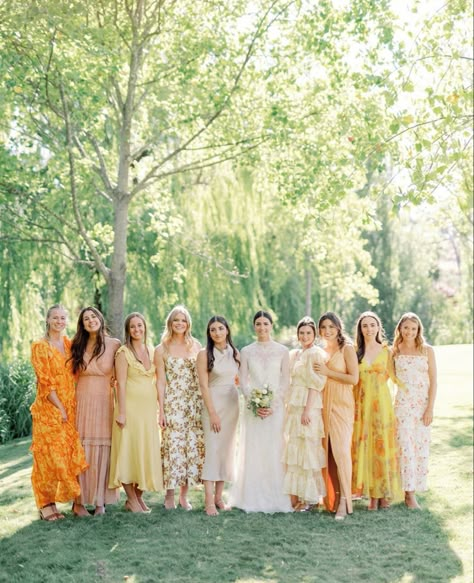 Yellow Mix And Match Bridesmaid Dresses, Green Yellow Pink Bridesmaids, Pink And Orange Floral Bridesmaid Dresses, Yellow Floral Bridesmaid, Pale Yellow Floral Bridesmaid Dresses, Floral Mix Match Briadmaid Dresses, Mismatched Bridesmaid Dresses Blue, Pastel Wedding Dresses, Yellow Wedding Colors