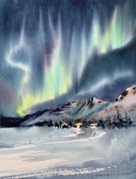 Eugenia Gorbacheva, Landscaping Lights, Northern Lights Watercolor, Outer Space Painting, Northern Lights Painting, Watercolor Art Landscape, Modern Impressionism, Space Painting, Winter Watercolor