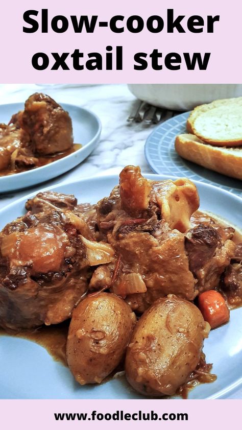 A plate of slow-cooker oxtail stew on a blue plate. Slow Cooker Oxtail Stew, Oxtail Stew Recipe Slow Cooker, Slow Cooker Oxtail, Jamaican Oxtail Stew, Oxtail Stew Recipe, Slow Cooker Stew Recipes, Oxtail Stew, Crock Pot Inspired Recipes, Carribean Food