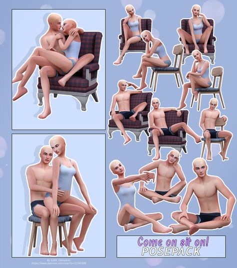 Come on sit on - Pose Pack 💘 | Patreon Sims 4 Poses, Sims 4 Couple Poses, Chair Pose, Blender Models, Be Quiet, Sitting Poses, Body Sculpting, Maxis Match, Sims 4 Mods