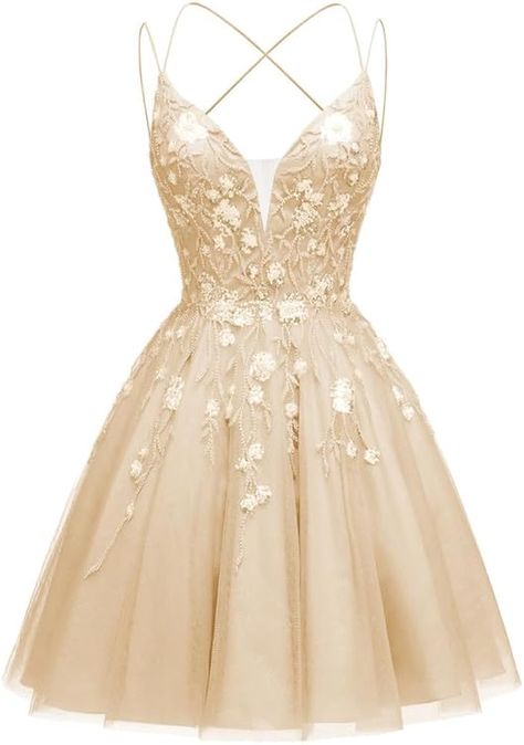 Spring Ball Dresses, Gold Dama Dresses, Damas Dresses For Quince, Short Champagne Dress, Tulle Prom Dress Short, Tulle Dress Short, Spring Ball, Floral Homecoming Dresses, Damas Dresses