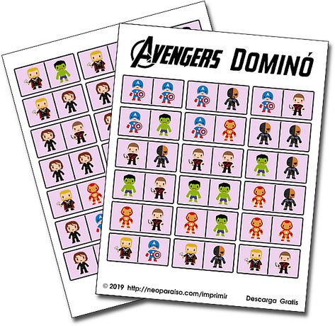 Juego de dominó gratis con personajes de Avengers. Juego de Dominó Gratis para Imprimir. Juego de los Vegandores Print-and-play. Marvel Movie Characters, How To Play Dominoes, Math Tables, Pen And Paper Games, Printable Games For Kids, Printable Board Games, Avengers Birthday, Paper Games, Marvel Movie