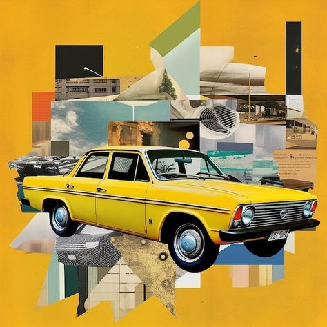 Retro yellow car in the city Vintage collage Car Collage Art, Car Collage, City Collage, Photo Retro, Collage Landscape, Retro Yellow, Studio Inspiration, Record Art, Yellow Car