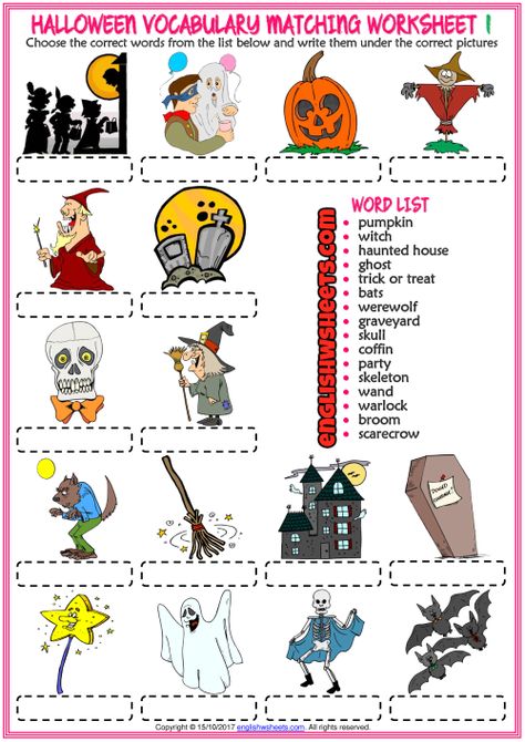 Halloween Vocabulary Matching Exercise ESL Worksheets Halloween Exercises For Kids, Halloween Esl, Grammar Exercise, Halloween Vocabulary, Creative Lesson Plans, Halloween Bingo, Halloween Worksheets, Esl Vocabulary, Matching Worksheets