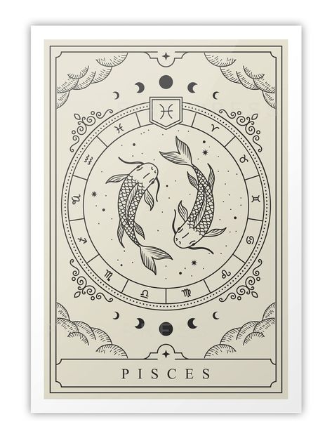 High quality illustrated Pisces zodiac poster. The perfect celestial gift for all your Pisces friends. Check out our website for more spiritual, unique and affordable wall art to suit any home! Pisces Tarot Card, Celestial Poster, Pisces Tarot, Tarot Card Poster, Star Sign Poster, Star Sign Art, Zodiac Poster, Illustrated Poster, Zodiac Cards