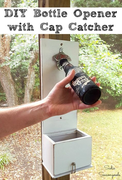 Want to make one of the COOLEST bottle openers ever for your man cave bar or back porch? This upcycling idea from Sadie Seasongoods uses a recipe card box as a bottle cap catcher attached to a wall mounted bottle opener. SO AWESOME! Get all the DIY details at www.sadieseasongoods.com . #Mancavedecor #Mancavebar #homebardecor #backporchdecor #porchlife #FathersDaygifts #GiftsforDad #Bottleopener Cool Bottle Openers, Diy Bottle Opener, Bottle Cap Catcher, Porch Diy, Recipe Card Box, Recipe Box Wooden, Porch Life, Wooden Bottle Opener, Mounted Bottle Opener