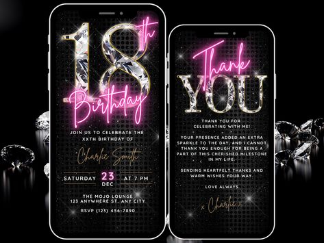 Introducing our Animated Glamorous Pink Neon Diamond 18th Birthday Digital Video Invitation & Thank You eCard set. Are you or someone you love about to hit that fabulous milestone of turning 18? Embrace the glitz, the glam, and the funky vibes with our digital invitation that's designed to make the birthday celebration truly unforgettable. This invitation is all about the sparkle, the fun, and the golden moments that lie ahead. 🎉 Invitation Features 🎉 Diamond 18 Center piece: Our invitation ta 40th Invite, Neon Diamond, 17. Geburtstag, Funky Vibes, Pink Neon Lights, Golden Moments, Video Invitation, Invite Template, Pink Neon