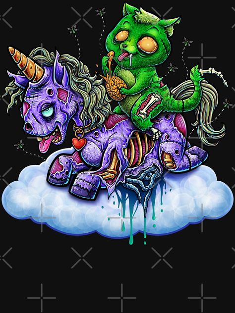 Zombie Unicorn Drawing, Scary Unicorn, Goth Crafts, Dark Disney Art, Zombie Unicorn, Zombie Pin Up, Cat Clay, Cat Riding, Zombie Cat