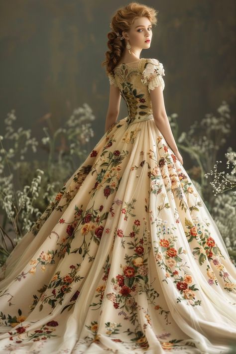 Floral Ballgown, Floral Gowns, Flower Gown, Fluffy Dress, Vintage Ball Gowns, Gaun Fashion, Fantasy Dresses, Floral Gown, Fantasy Gowns