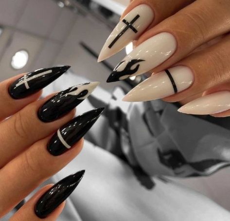 Gothic Nails Inspiration, White Witch Nails, Dark Edgy Nails, Long Black Nails Aesthetic, Winter Goth Nails, Goth Pedicure, Satanic Nail Art, Dark Nail Designs Gothic, Rock Nails Grunge