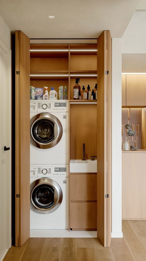 Laundry Space In Kitchen, Laundry Apartment Ideas, Laundry In Cupboard Ideas, Laundry In Cupboard, Laundry In A Cupboard, Cupboard Laundry Ideas, Small Laundry Cupboard, Laundry Closet With Sink, Laundry Cupboard Ideas