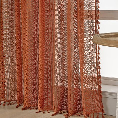 Amazon.com: WAZZIO Burnt Orange Sheer Curtains 72 Inch Length 2 Panels Set Boho Crochet Lace Curtains for Bedroom Living Room Kitchen Window Curtain Panels Farmhouse Fall Rust Colored Curtains Drapes,Pumpkin : Home & Kitchen Boho Curtain Ideas For Living Room, Rust Colored Curtains, Boho Curtain Ideas, Orange Kitchen Curtains, Crochet Lace Curtains, Burnt Orange Kitchen, Orange Sheer Curtains, Burnt Orange Curtains, Colored Curtains