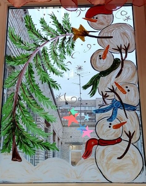 Window Design Painting, Holiday Window Art Ideas, Snowman Window Decoration, Turkey Window Art, Winter Christmas Window Painting, Christmas Window Painting Snowman, Christmas Glass Painting Ideas Window, Winter Glass Painting, Winter Scene Window Painting