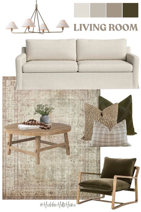 Boho Contemporary Decor, Living Room Couch Ideas Modern, Cozy Neutral Living Room Mood Board, Light Color Decor Living Room, Southern Chic Decor Home, Living Room Rug With Sectional, Modern Transitional Color Palette, White Oak Accents, Cheap Staging Ideas