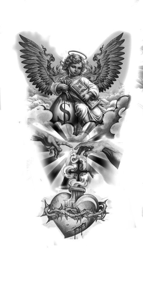 Black Angel Tattoo Design, Men Tattoo Ideas Drawings, Guardian Angel Tattoo Stencil, Angel Holding Money Bag Tattoo, Realistic Tattoo Sleeve Men, Gangster Angel Tattoo, Chicano Tattoo Sketch, Angel With Money Bag Tattoo, Chicano Angel Tattoo